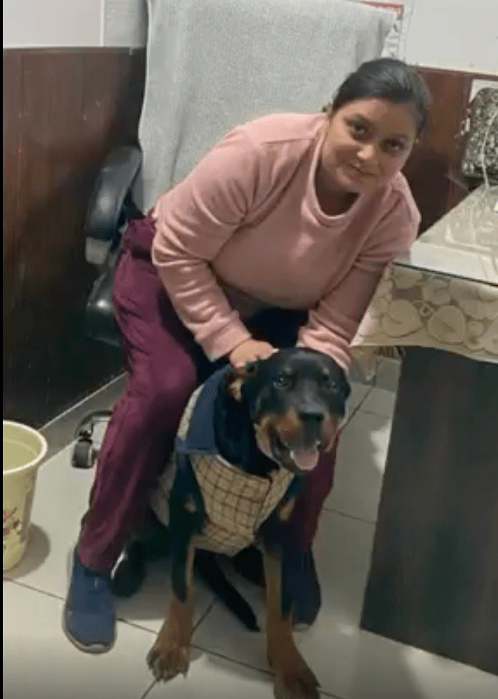 Affectionate moment with a patient dog